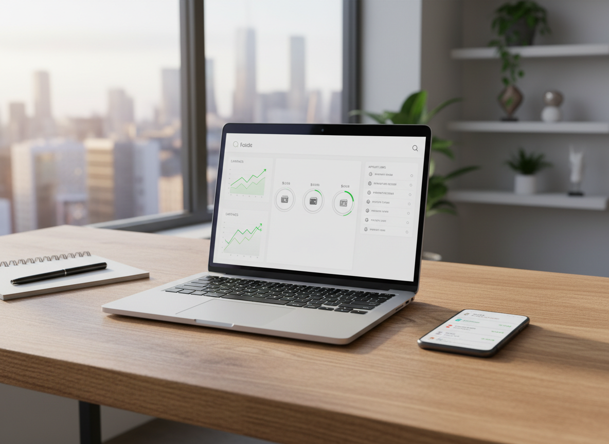 A sleek silver laptop open on a natural oak desk, its screen displaying a clean dashboard of rising earnings charts, digital wallets, and affiliate links. Around it lie a neatly stacked notebook, a minimalist black metal pen, and a smartphone showing payment notifications. The desk is positioned near a large window in a modern, uncluttered home office. Soft morning daylight spills in, creating gentle reflections on the laptop’s metallic surface and subtle shadows along the grain of the wood. Photographic realism with a professional, clean, and modern aesthetic, shot at eye level with a shallow depth of field so the background of shelves and plants falls into a soft bokeh, conveying focus, clarity, and financial growth online.