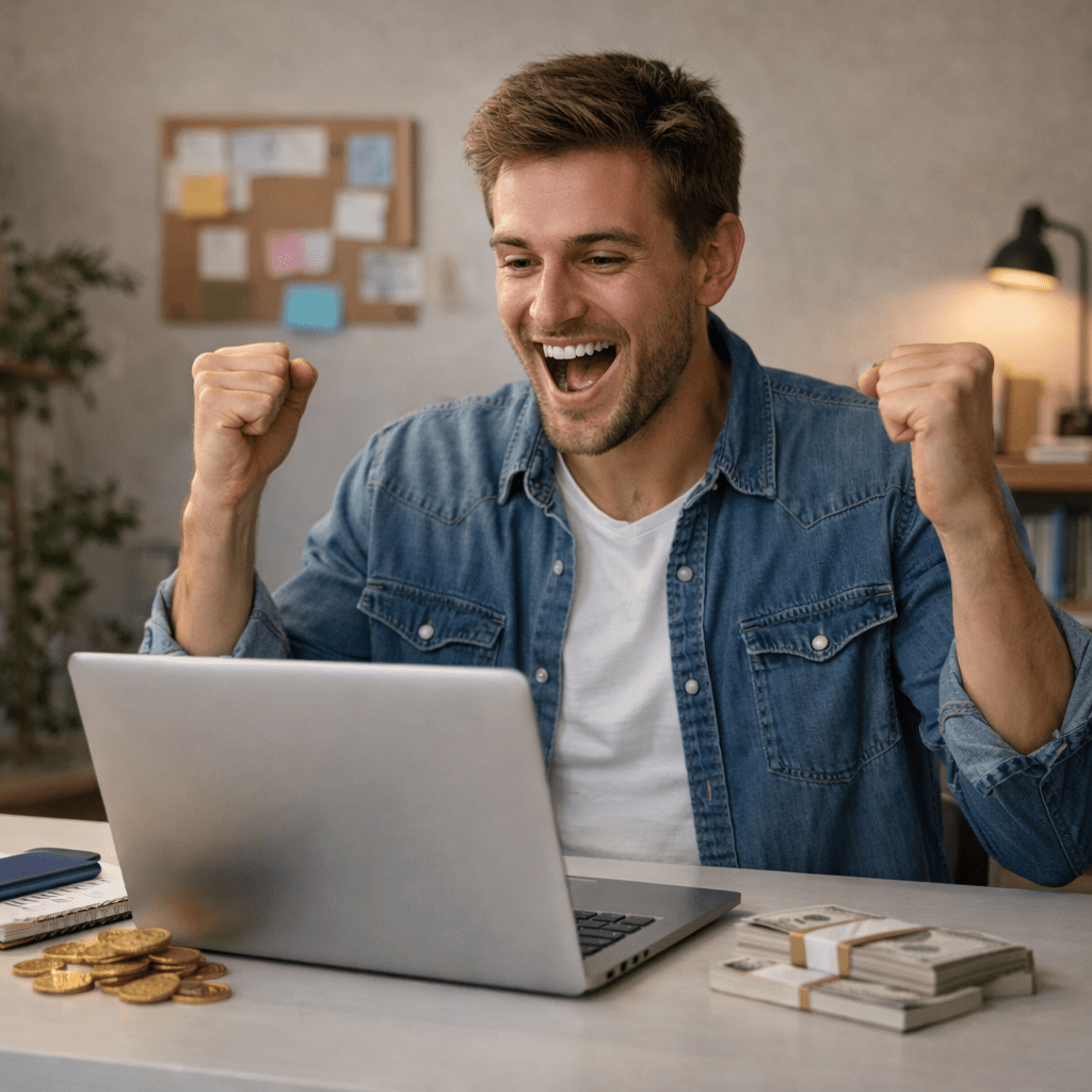 Man cheering in front of laptop with floating cash and stacks of money