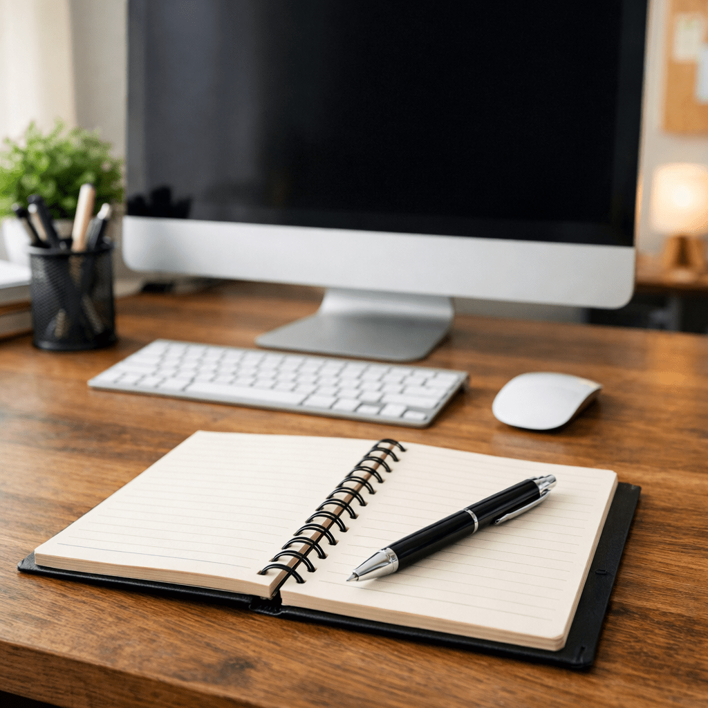 Blank spiral notebook with pen on wooden desk, computer monitor, keyboard, and mouse in background